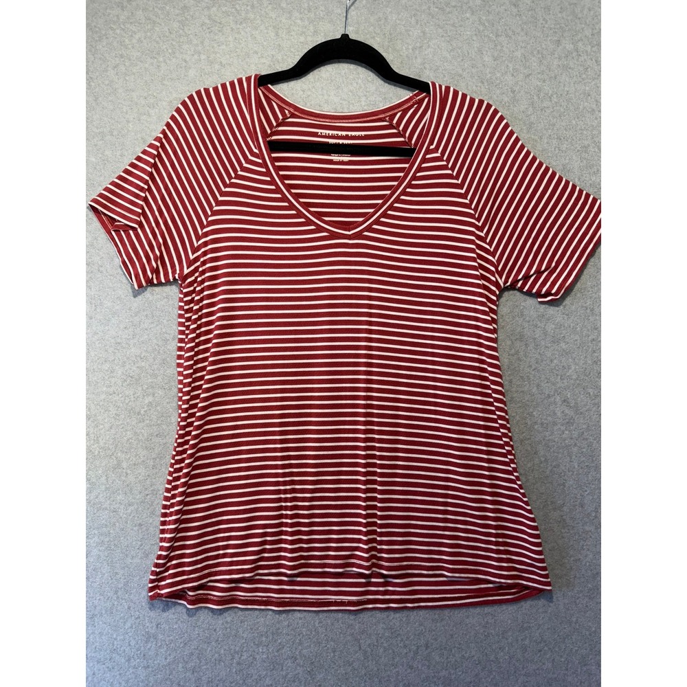 American Eagle Soft & Sexy Red White Striped V-Neck Raglan T-Shirt Womens Medium